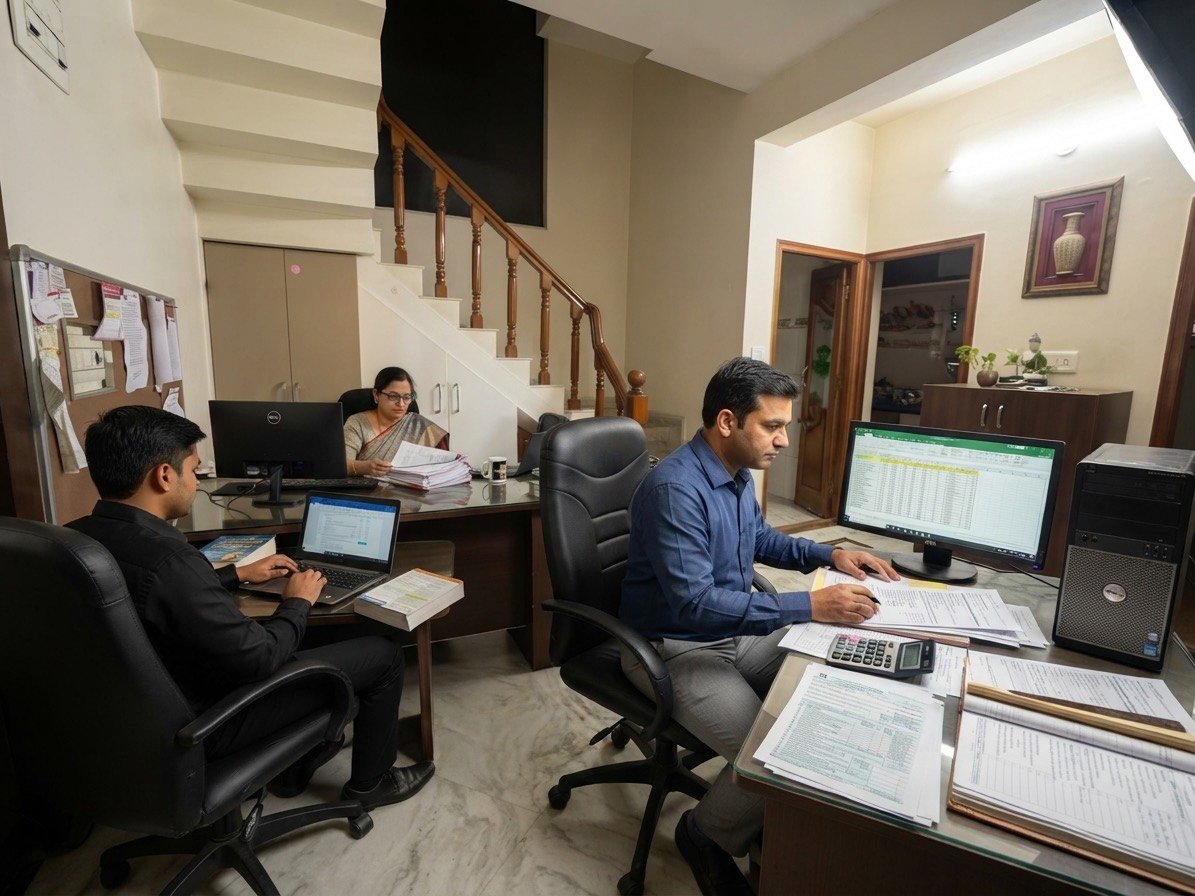 The Rajgaria & Co. office in JP Nagar, Bangalore — the audit and tax team working on client files and returns